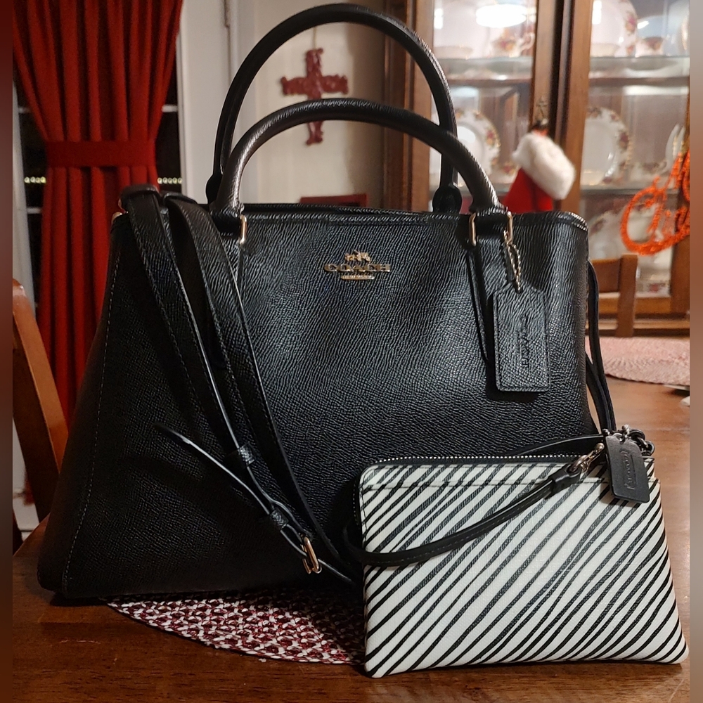 Coach Black Margot Handbag And Striped Wristlet Wallet Combo